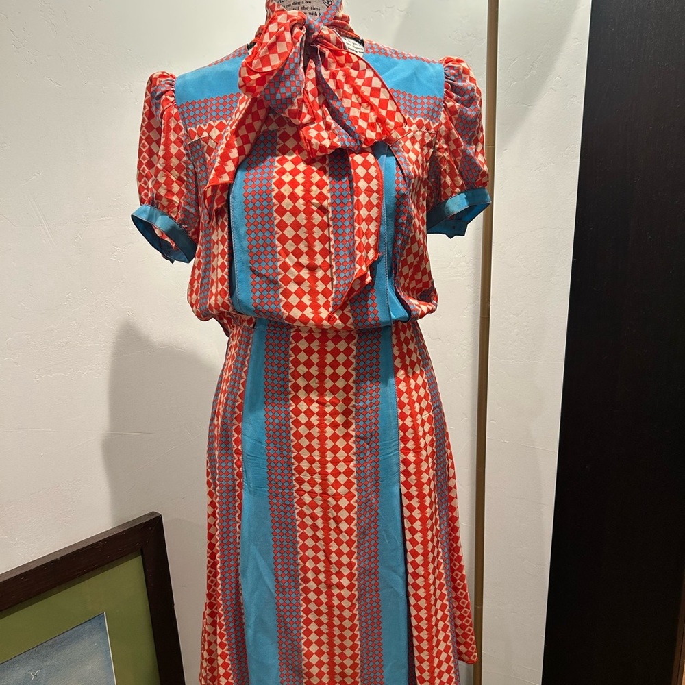 Anna Sui- Vintage Red and Blue Geometric Dress